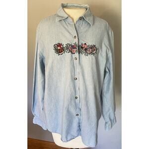Talbot’s Christmas Shirt Women’s Sz‎ LG Button Up Chambray Ice Skates Mittens